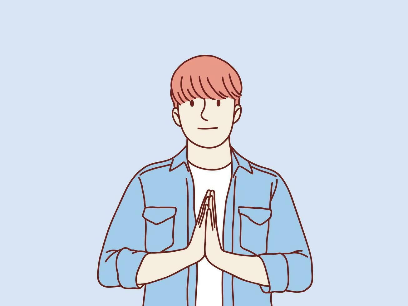 young asian man please and apologize pose for forgive press palms pray gesture simple korean style illustration vector