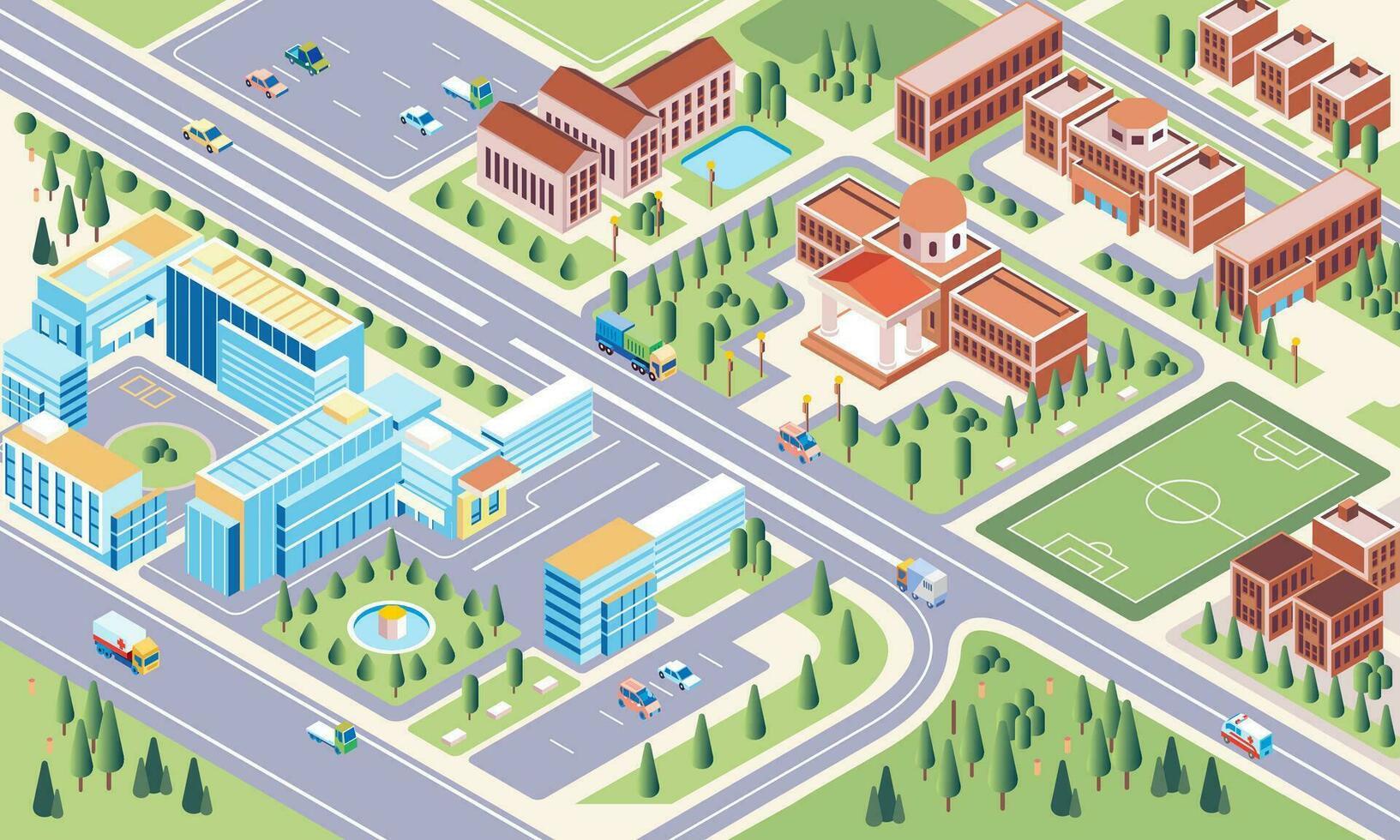 Isometric illustration of campus university environment complex, there is a campus garden as a green area and the building is neatly arranged vector