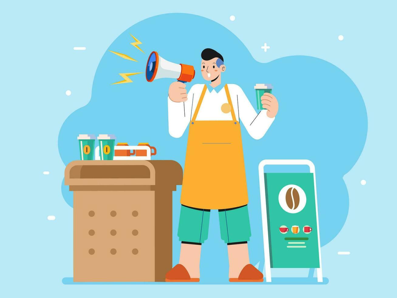 Young man Happy holding megaphone shouting loud calls customers announcing coffee stall Promotion advertising concept vector