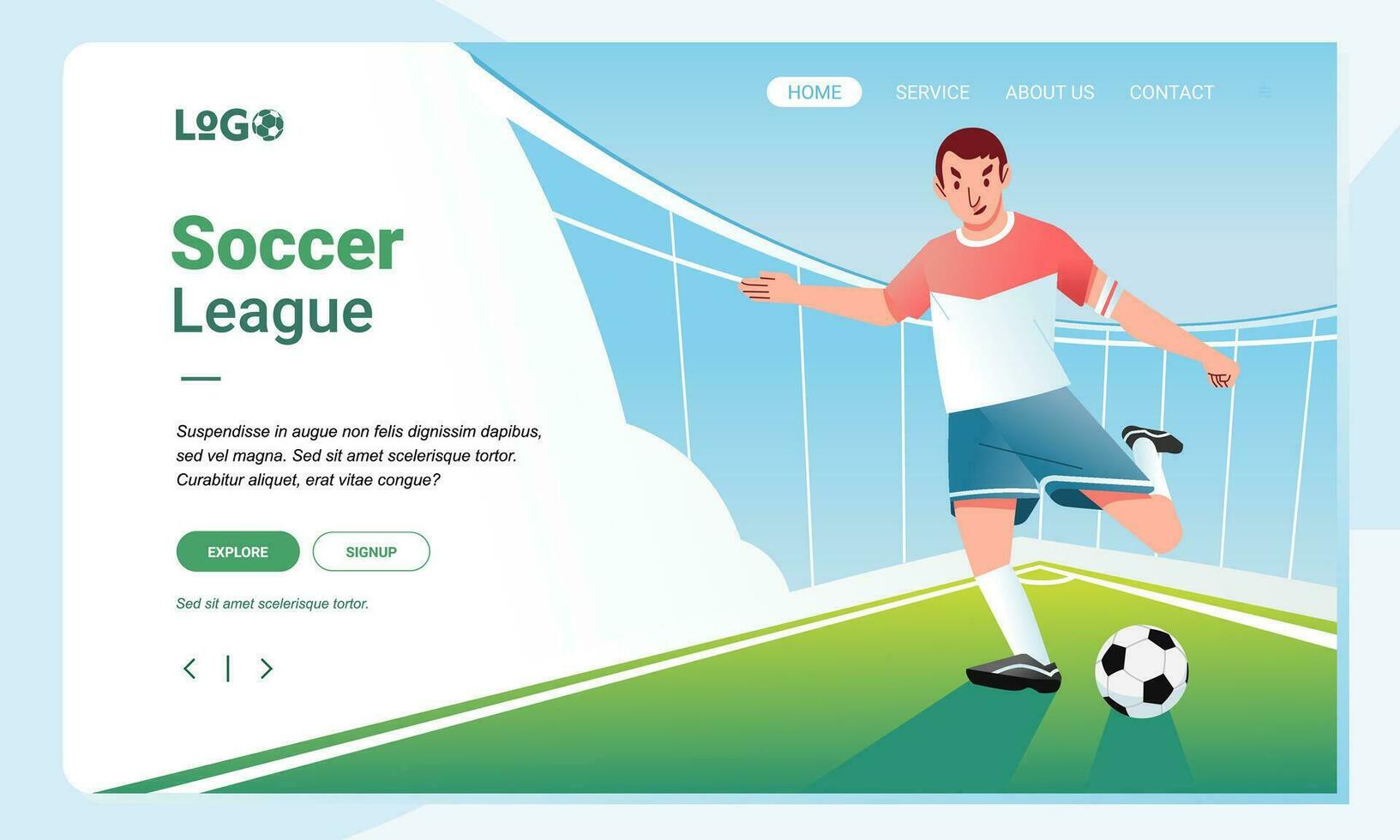 Soccer league banner image illustration template, young man ready to kick soccer ball in the field vector
