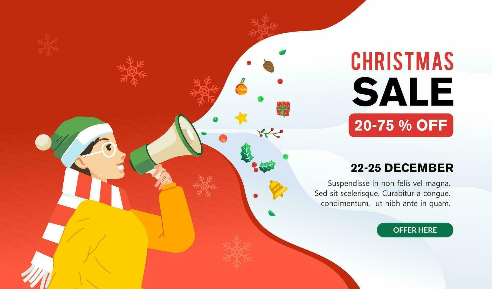 Happy woman holding megaphone shouting loud calls customers announcing christmas  sale Promotion advertising concept vector