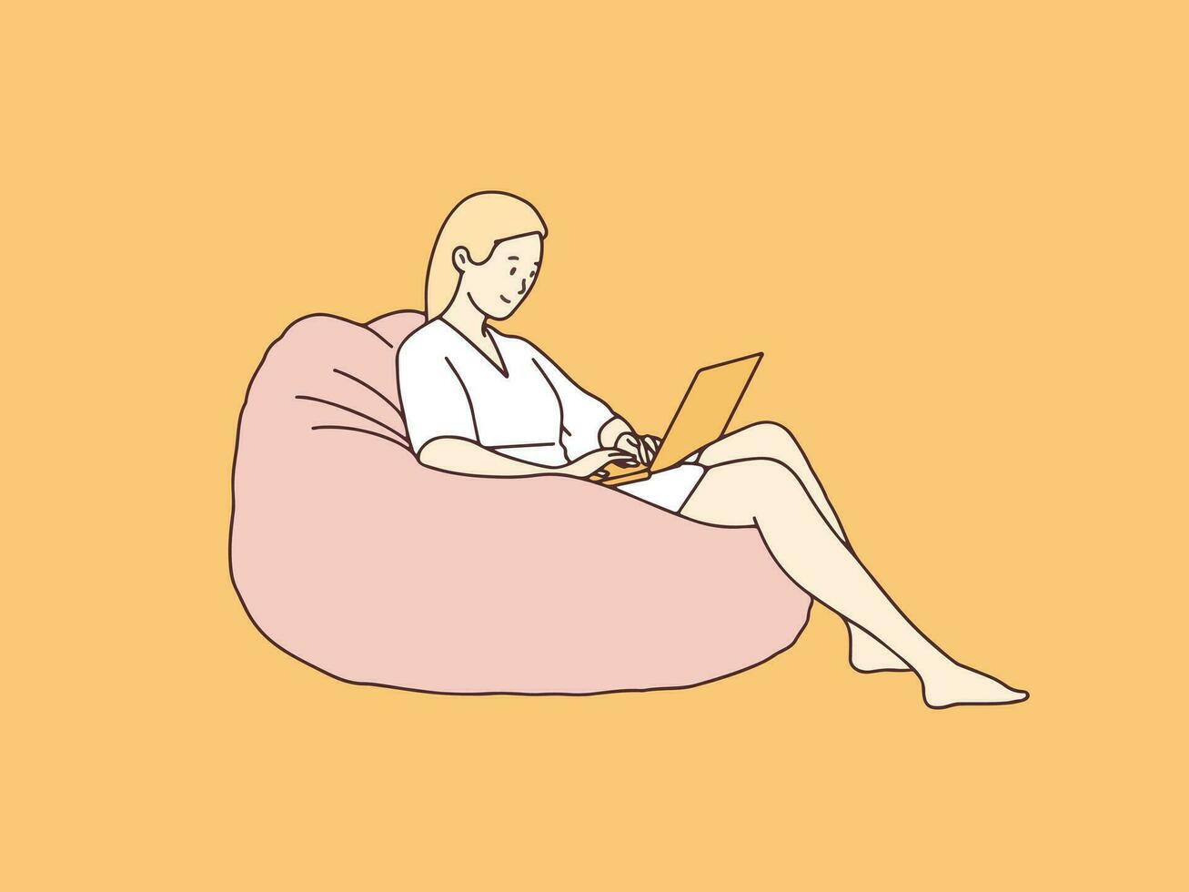 Relaxed woman with laptop sitting on bean bag simple korean style illustration vector