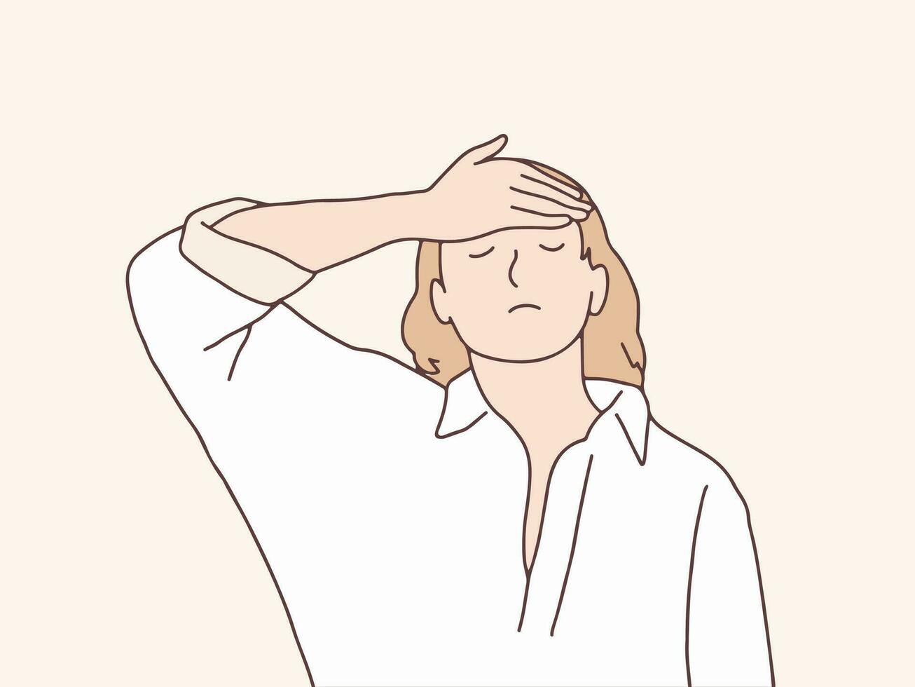 Woman touching her feverish hot forehead simple korean style illustration vector