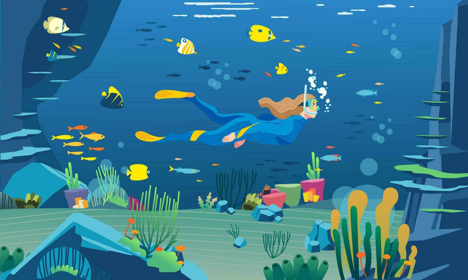 a female diver is snorkelling in the sea with a very beautiful sea view. lots of coral reefs, fish and sea plants vector