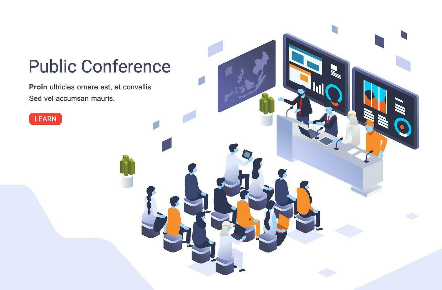 international public conference vector illustration with many participants sit in front of the interviewees