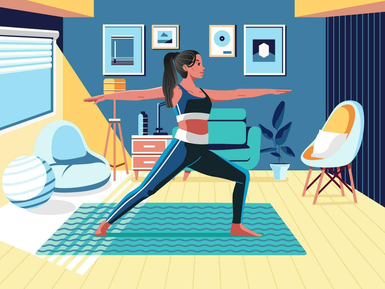 women doing yoga at home with cozy and modern interior vector illustration