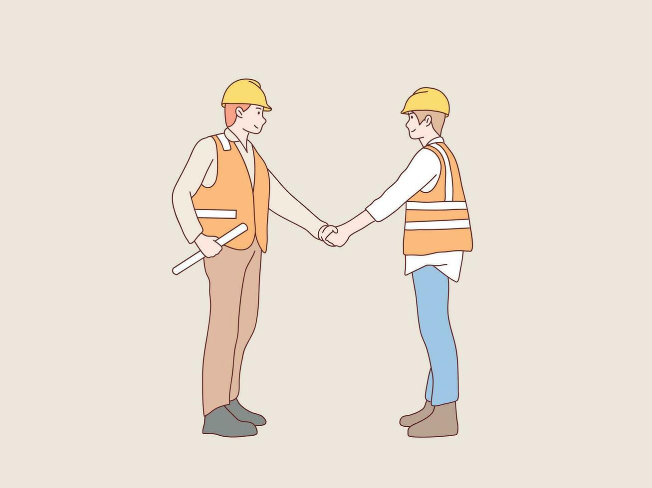 Construction workers teamwork shake hands cooperate simple korean style illustration vector