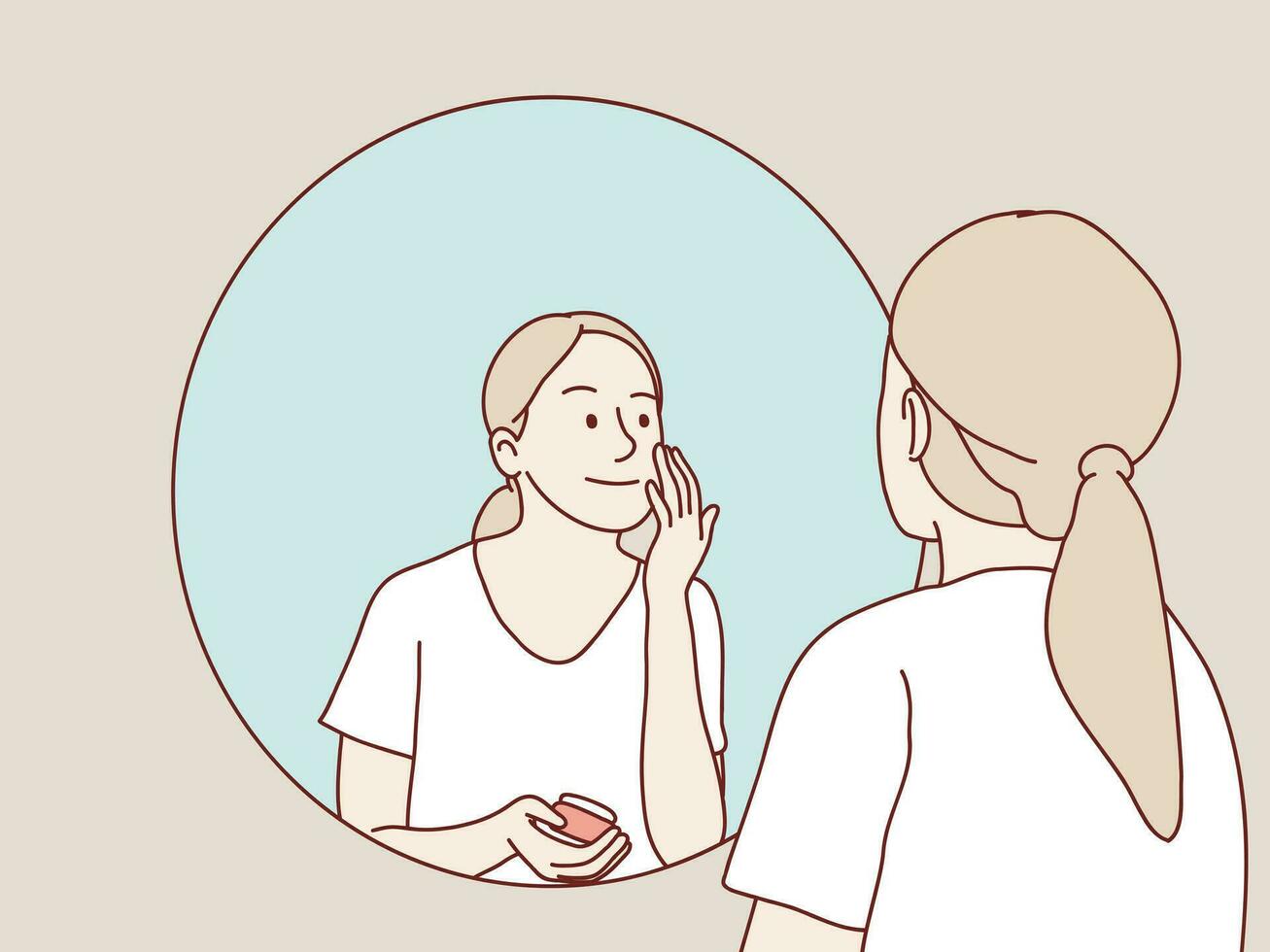 reflejado mujer utilizando maquillaje en baño sencillo coreano estilo ilustración vector