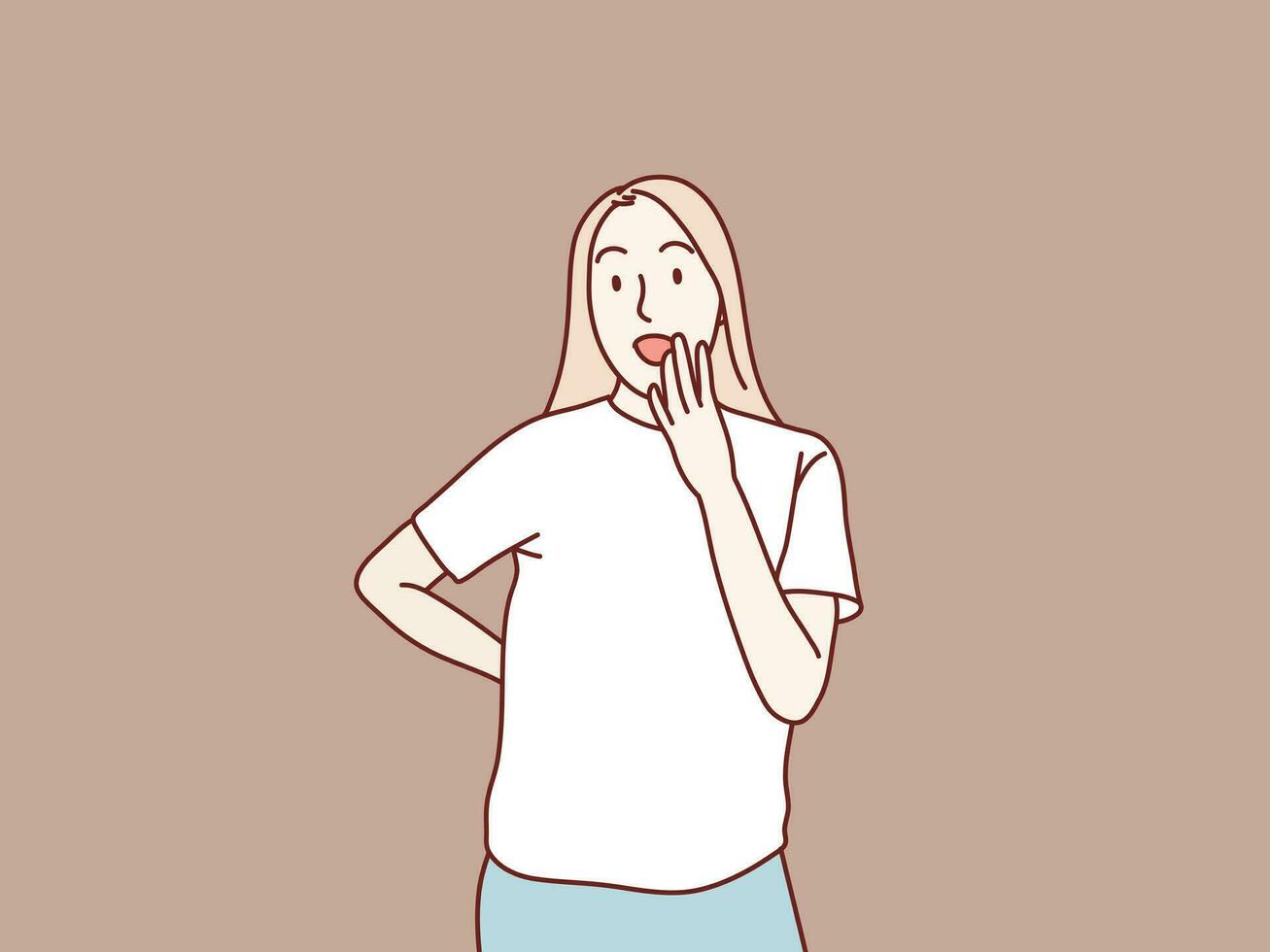 happy Young woman surprise gesture covering mouth with hand simple korean style illustration vector