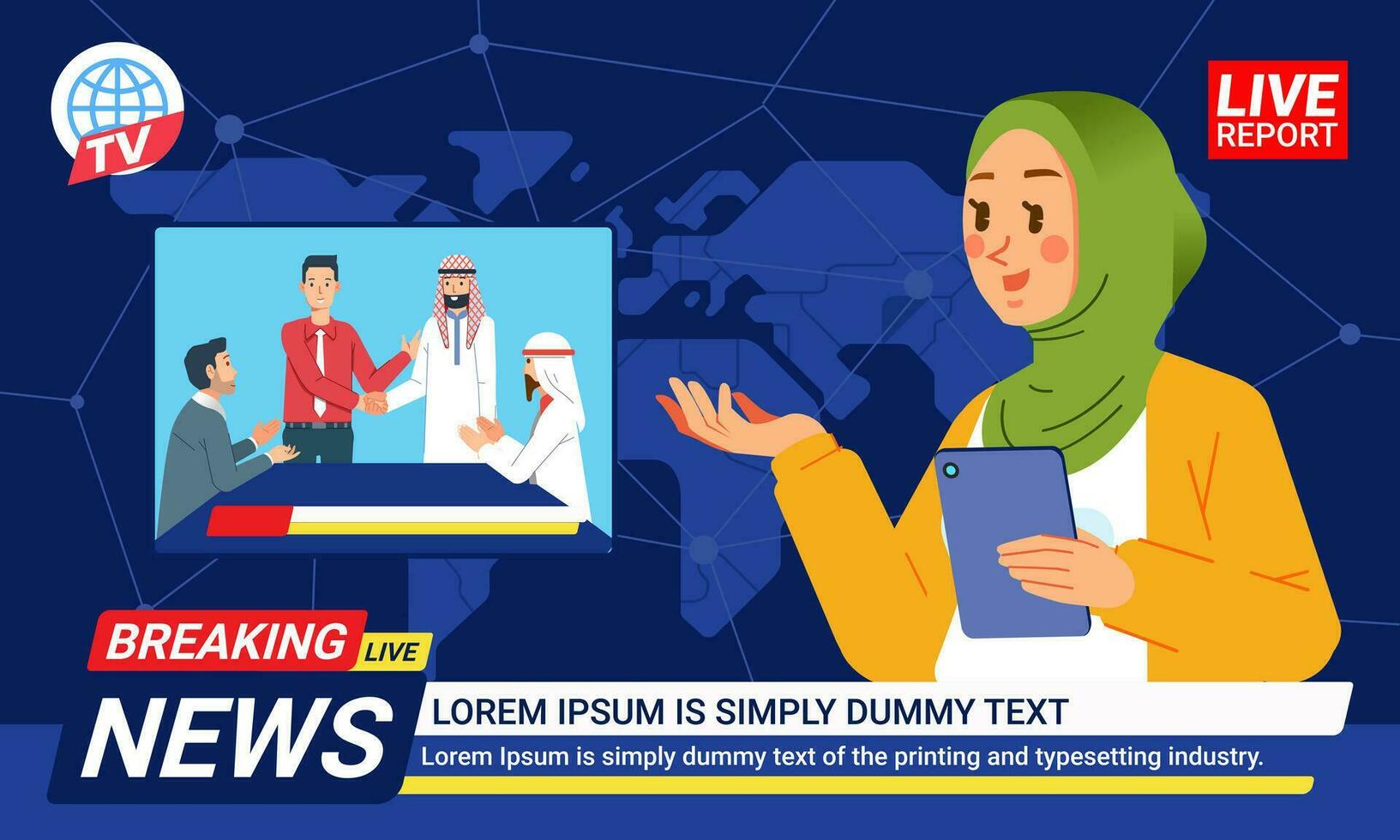 Noticias mujer hijab musulmán ancla radiodifusión el Noticias negocio cooperación trabajando en sala de prensa con mundo mapa antecedentes vector