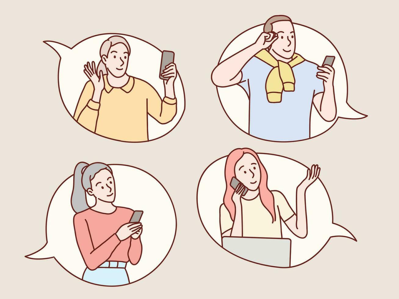 Various people communicated each other inside bubble speech simple korean style illustration vector