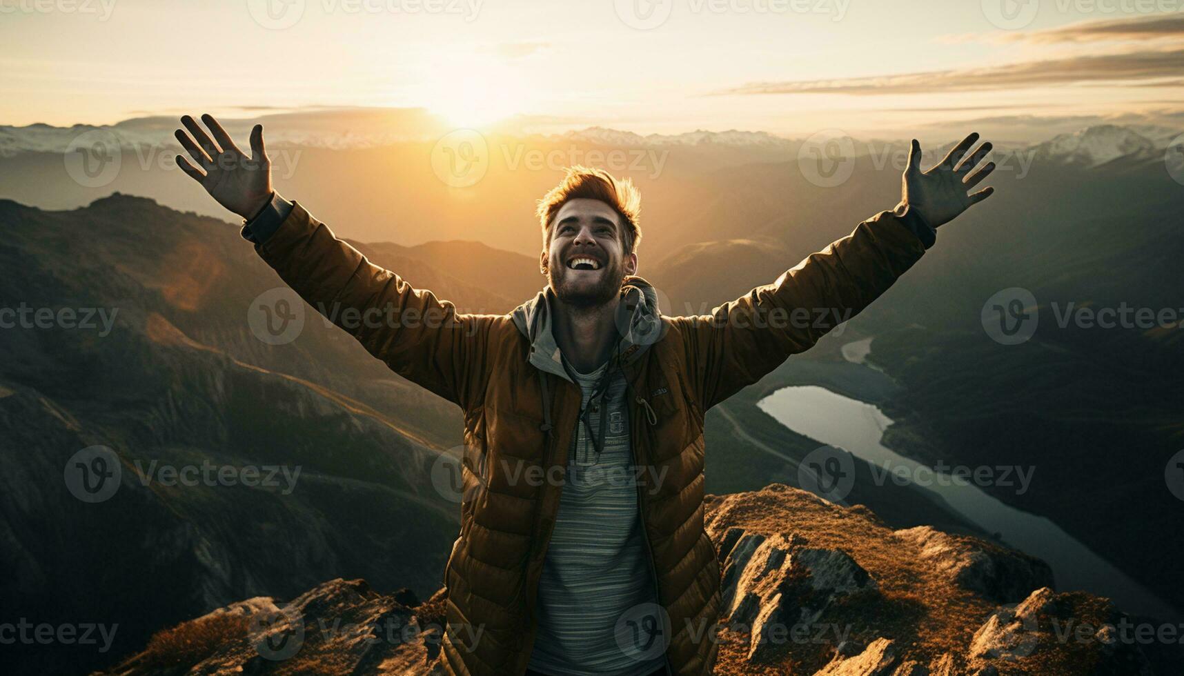 A man stands on the summit of a mountain, his arms raised in victory, a symbol of freedom, success, and the human spirit. Generative ai photo