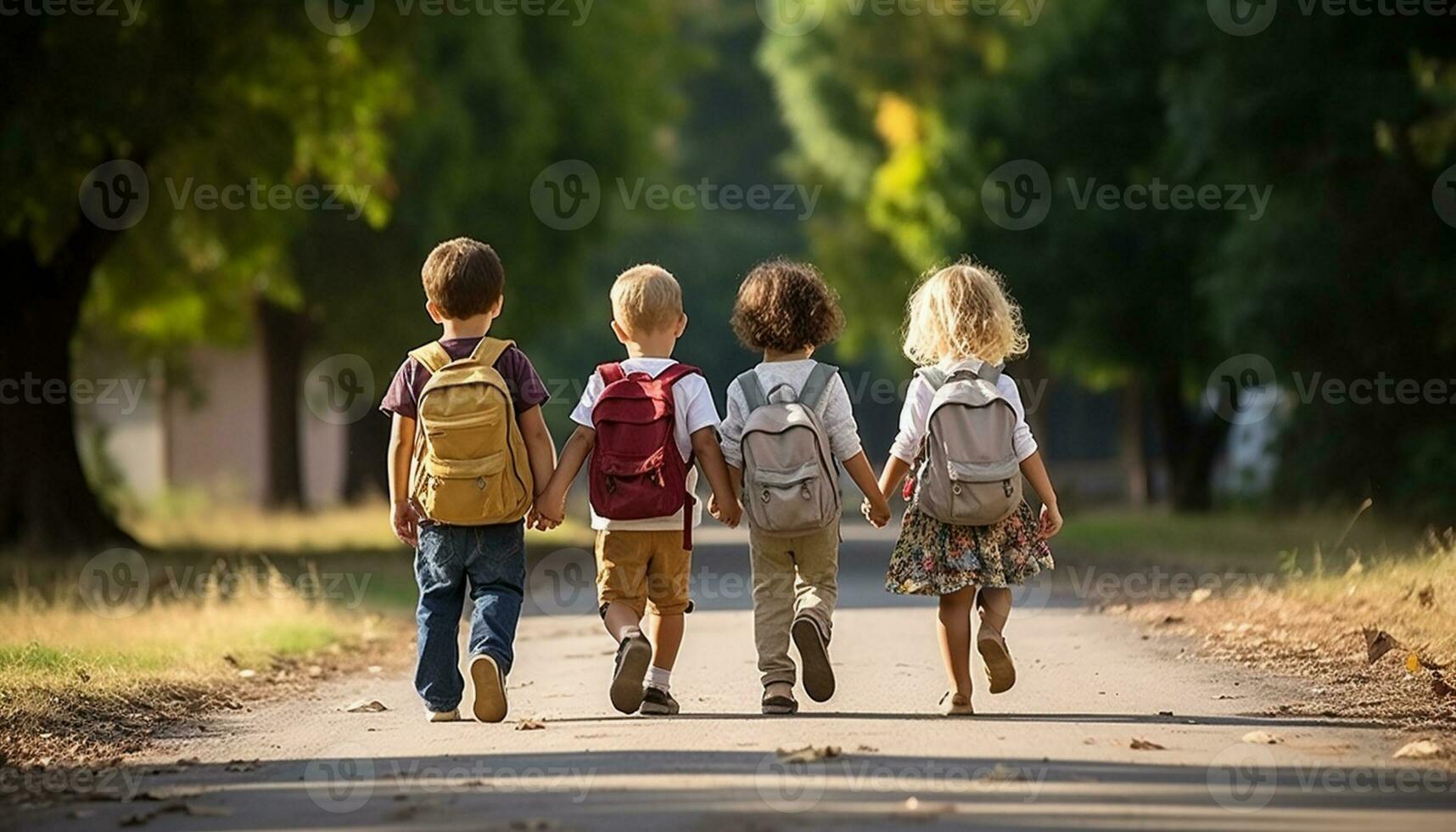 A group of happy young students, including a girl, and boy with a backpack, walk to school together, chatting and laughing as they enjoy their friendship and the excitement of learning. Generative Ai photo
