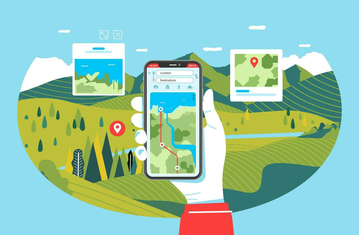 phone app for travelling and hiking, hand illustration holding phone with nature landscape in the background vector