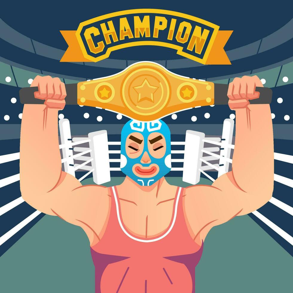 The wrestler raises the belt of victory in the ring with champion letter above vector illustration