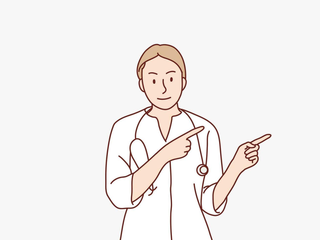 female doctor in a white coat points to the side with his hands fingers simple korean style illustration vector