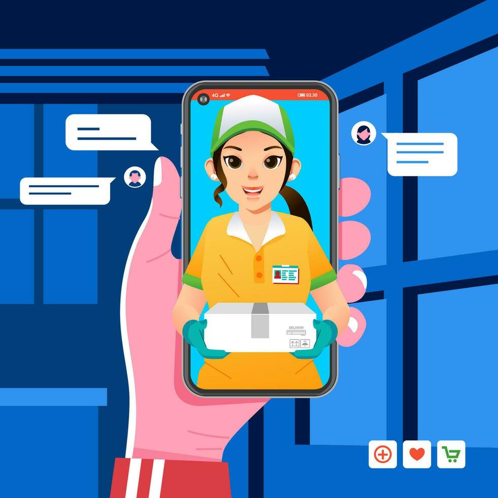 deliverry order app on smartphone, courier girl sending package to customer, girl wearing hat and gloves bring box vector