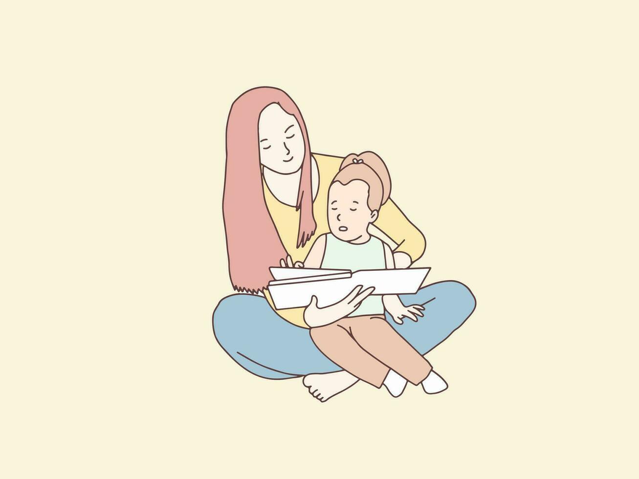 Daughter on mothers lap reading stories simple korean style illustration vector