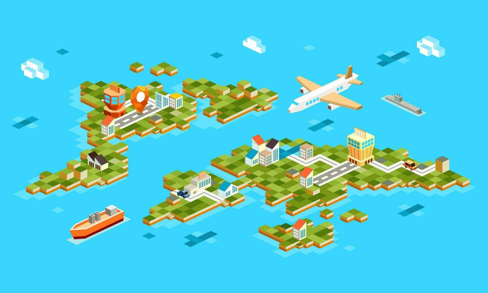 isometric landscapes with airport,airplane, building, boat, marine. set of landscape airport in island.3d isometric gps navigation on airport - vector