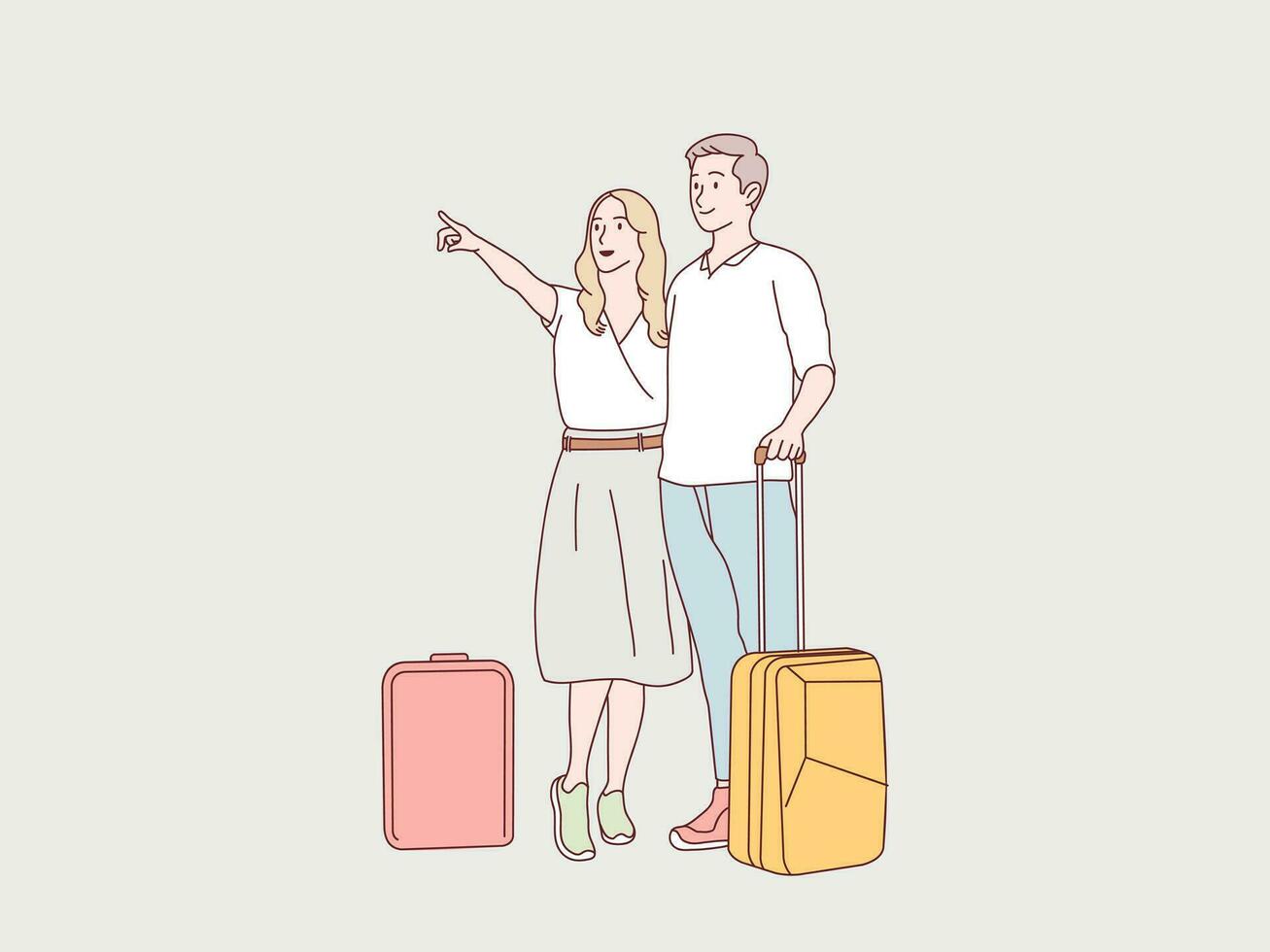 Happy young couple carry suitcase being ready to go holidays simple korean style illustration vector