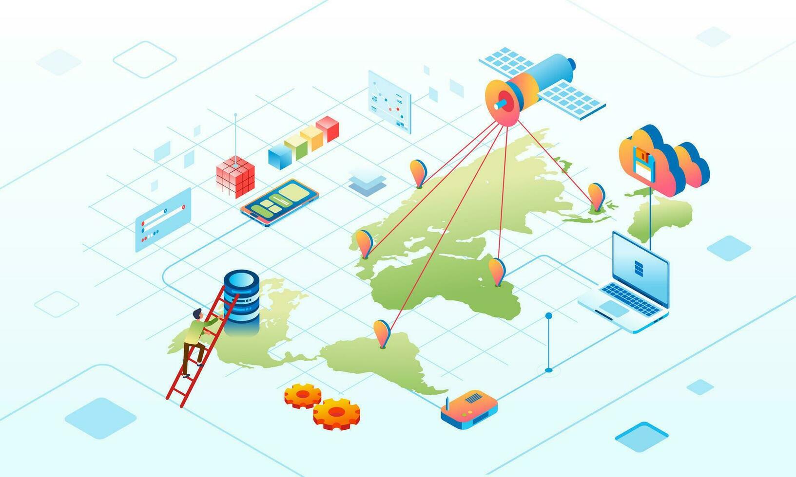 isometric illustration of satelite data network connection in cloud database vector