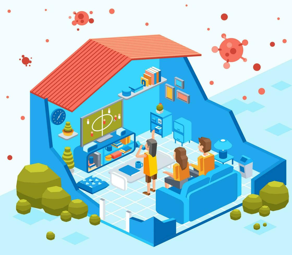 cut out isometric illustration of stay at home family to avoid virus contagious, stay safe at home vector