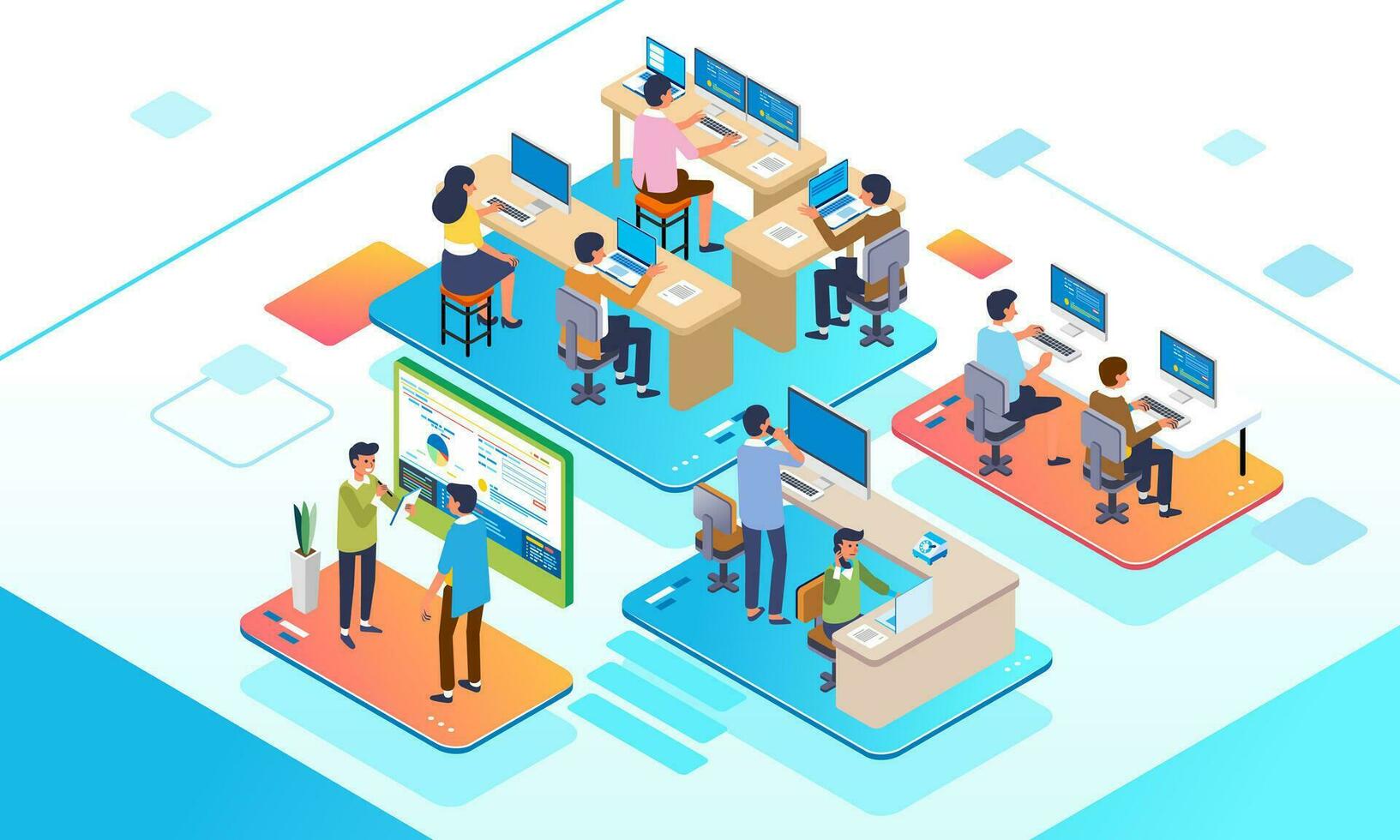 Isometric illustration of office working activity, employee working on laptop and computer and have meeting with big screen vector