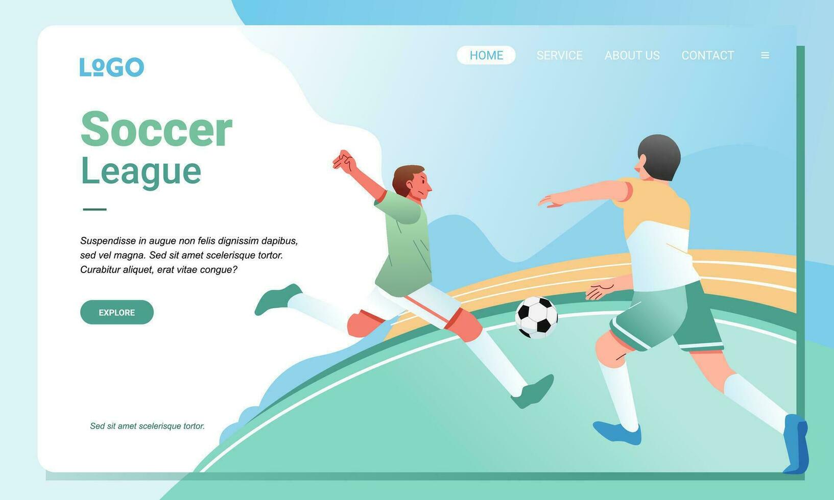 moderno fútbol sitio web bandera ilustración, dos fútbol jugadores luchando para el pelota en el fútbol campo vector