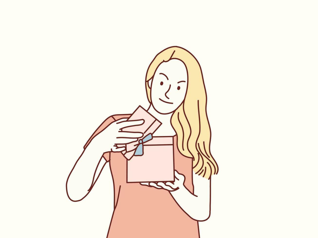 salido contento alegre joven mujer obtener abierto regalo caja sencillo coreano estilo ilustración vector
