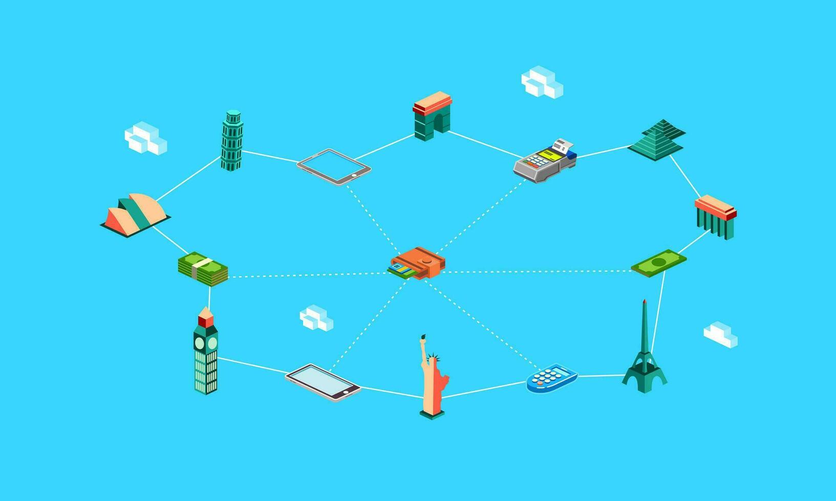 isometric online payment transaction around the world, flowchart or infographic online payment with world famous building illustration vector
