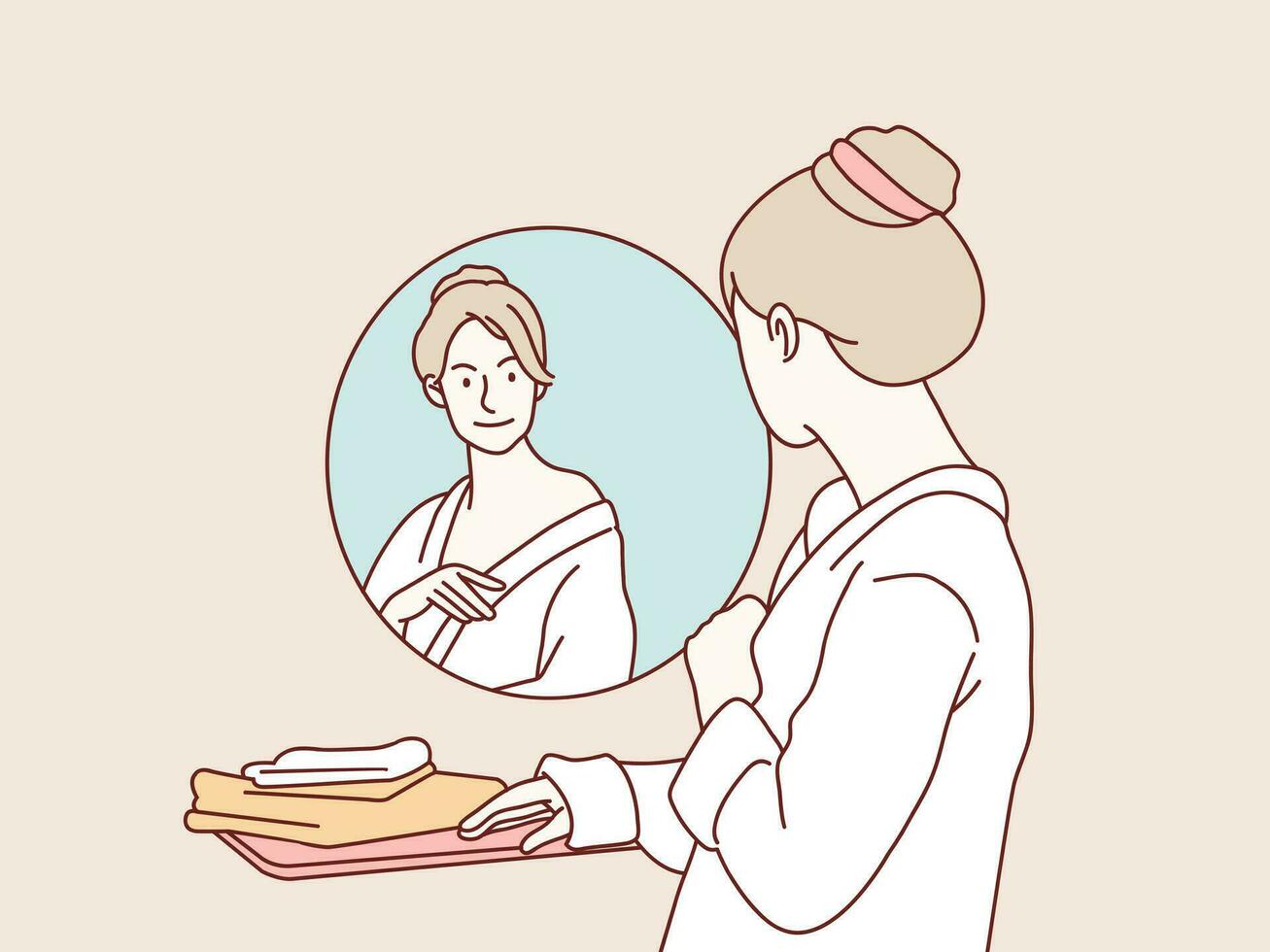 reflejado mujer vestir arriba en baño espejo recoger su paño sencillo coreano estilo ilustración vector