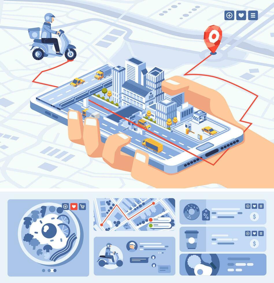 isometric illustraiton of food app mobile appliction on smartphone with route on the map vector