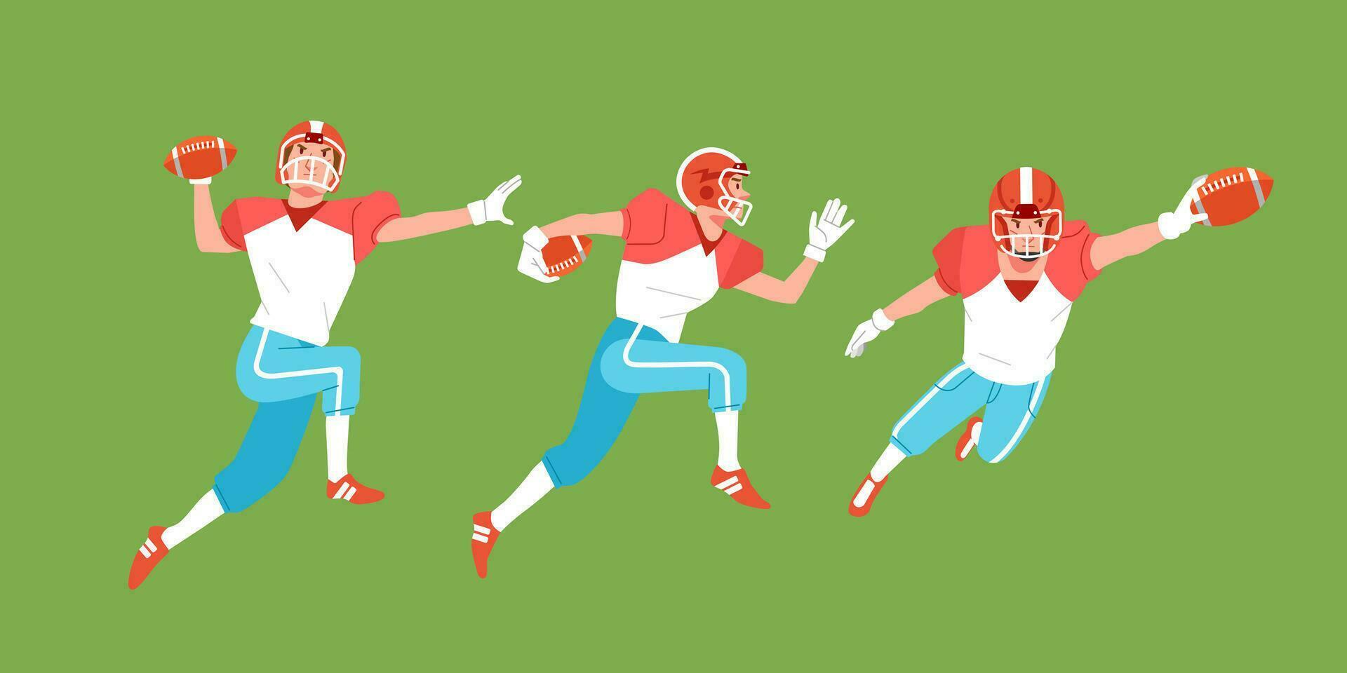 American football sport player in action set trow catch hold the ball and run vector