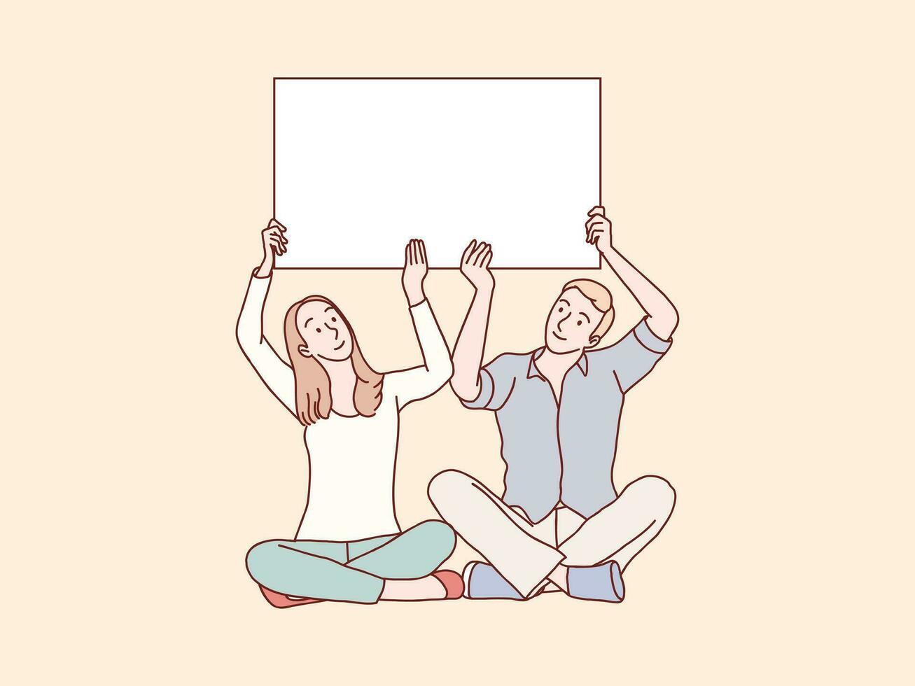 Couple sit on floor holding lift up white blank banner paper simple korean style illustration vector