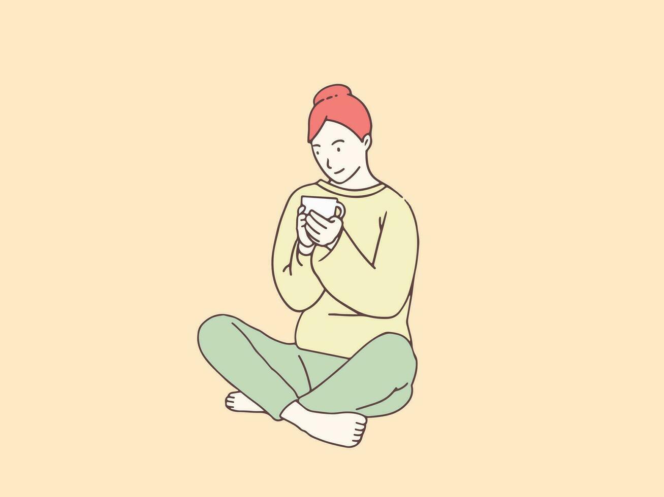cruzar patas mujer relajante con un taza de té sencillo coreano estilo ilustración vector