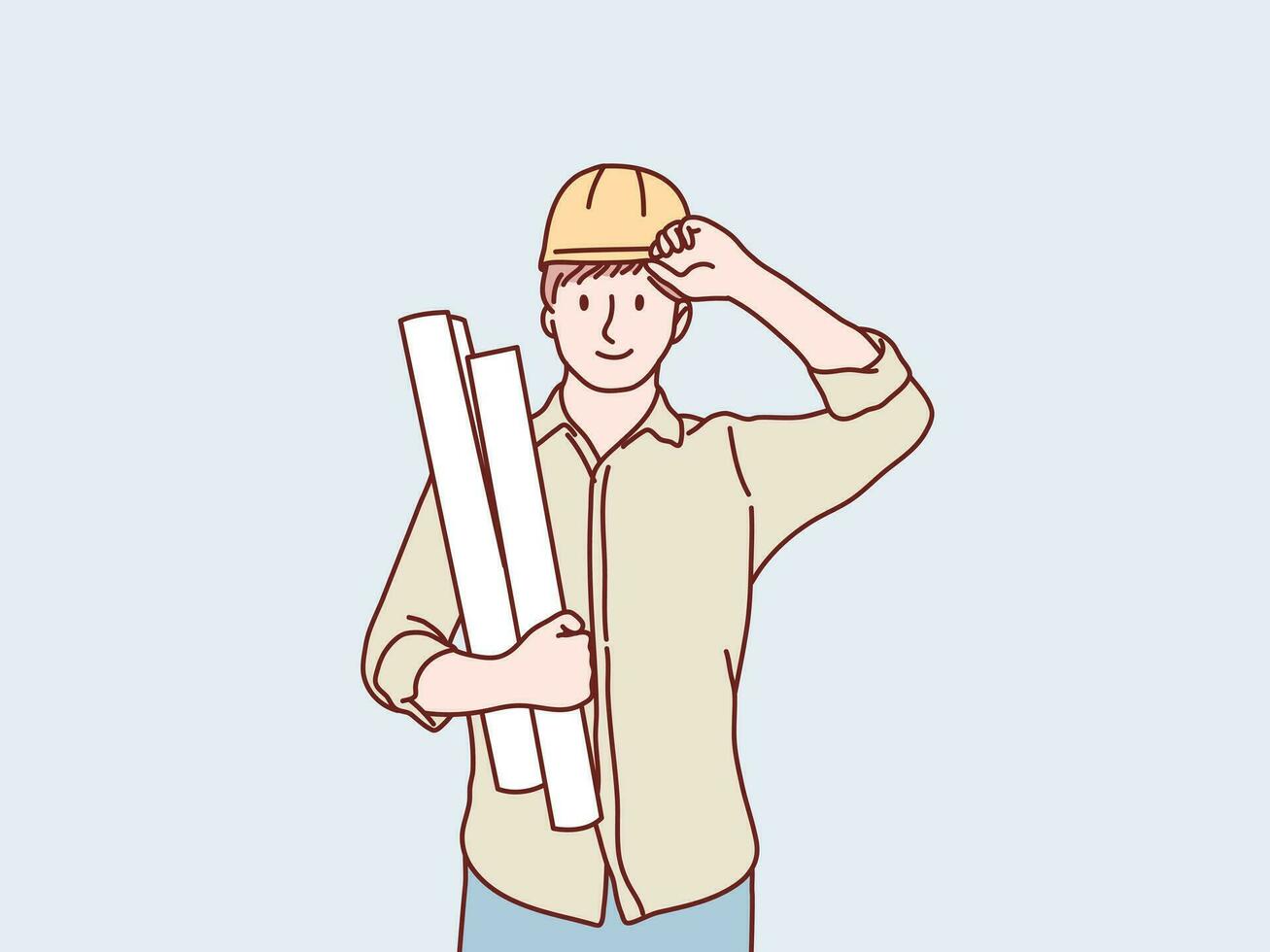 Engineer construction worker wearing safety helmet holding paper plan simple korean style illustration vector