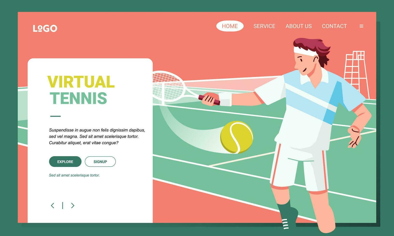 vistoso moderno tenis partido héroe imagen ilustrado por joven hombre jugando tenis, golpear el pelota con raqueta en el Corte vector