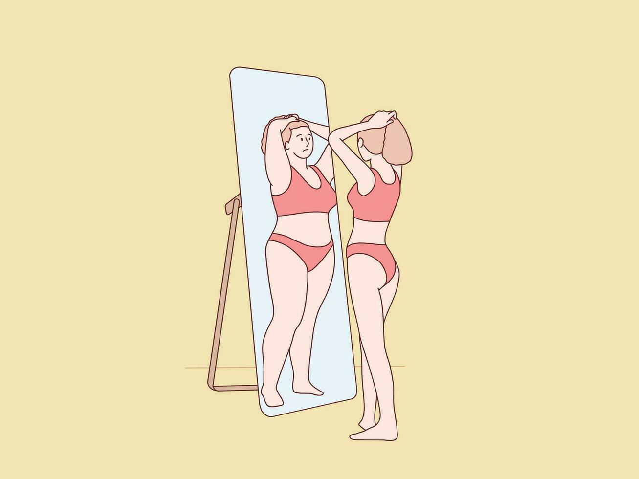 Young fit slim woman looking at fat girl in mirror reflection simple korean style illustration vector