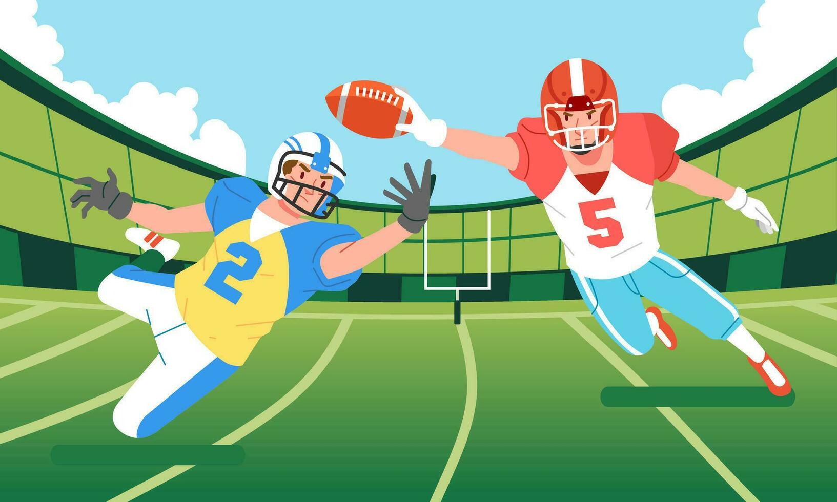 American football players jump to fight for the opponents ball in the field vector