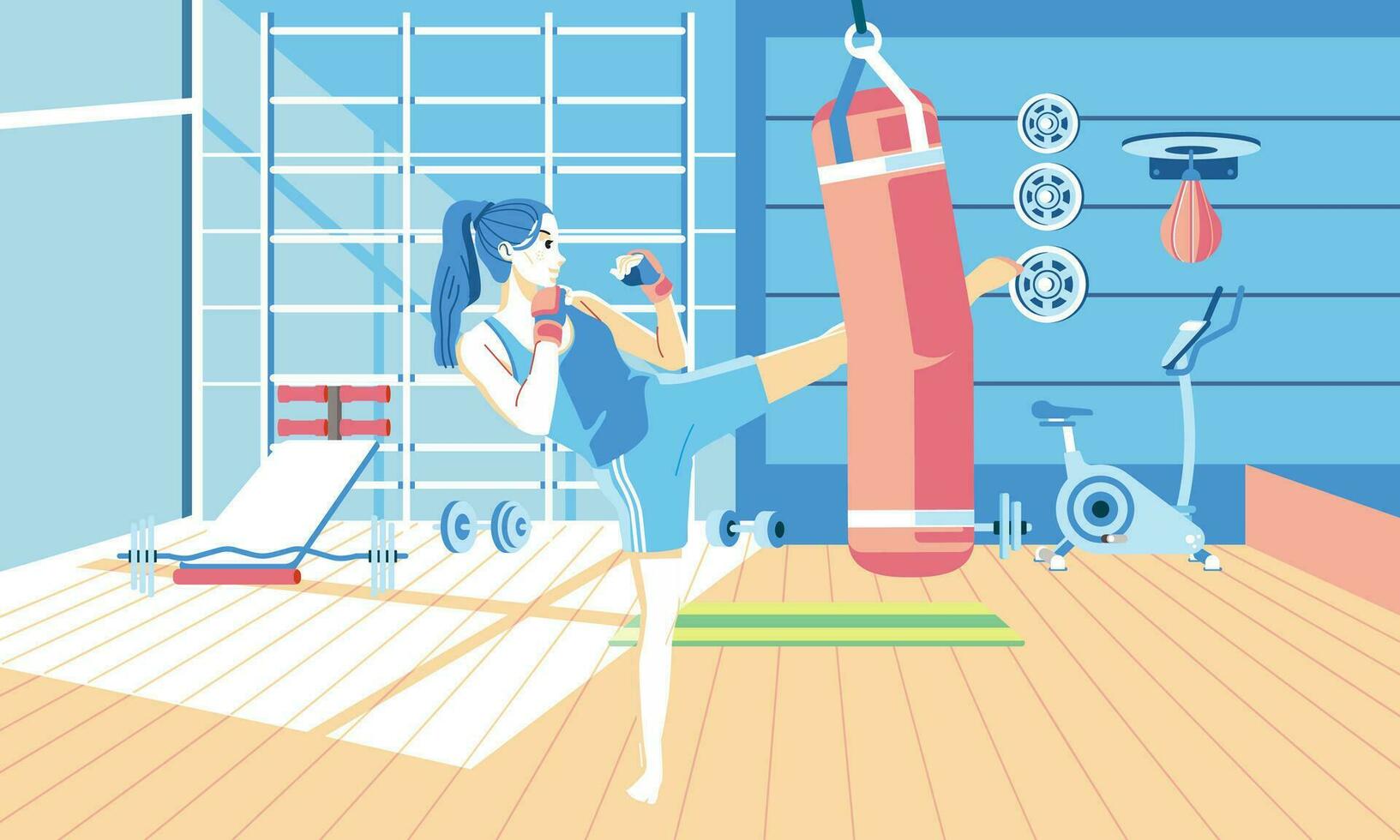 young girl doing kickboxing exercise at gym, with many gym equipment in the background vector
