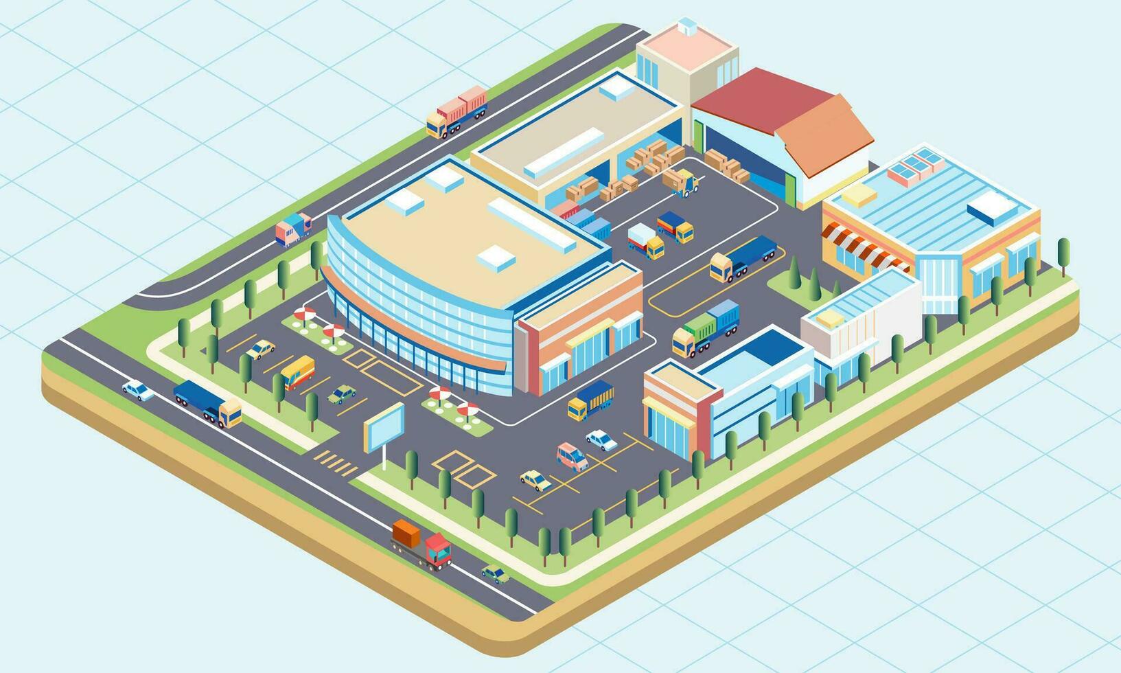 isometric illustration of a mall building complex with warehouse for storing goods and loading and unloading activities vector