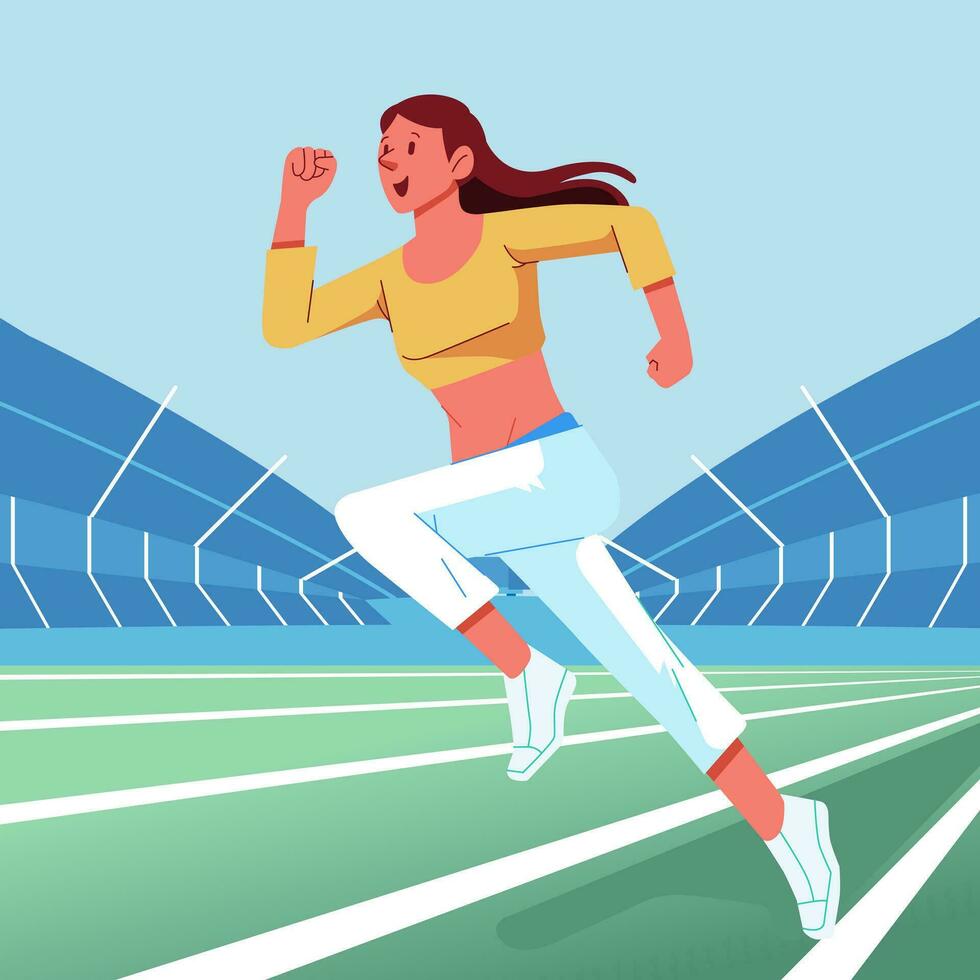 Athletic woman character run on stadium Illustration, sport workout, fit girl vector