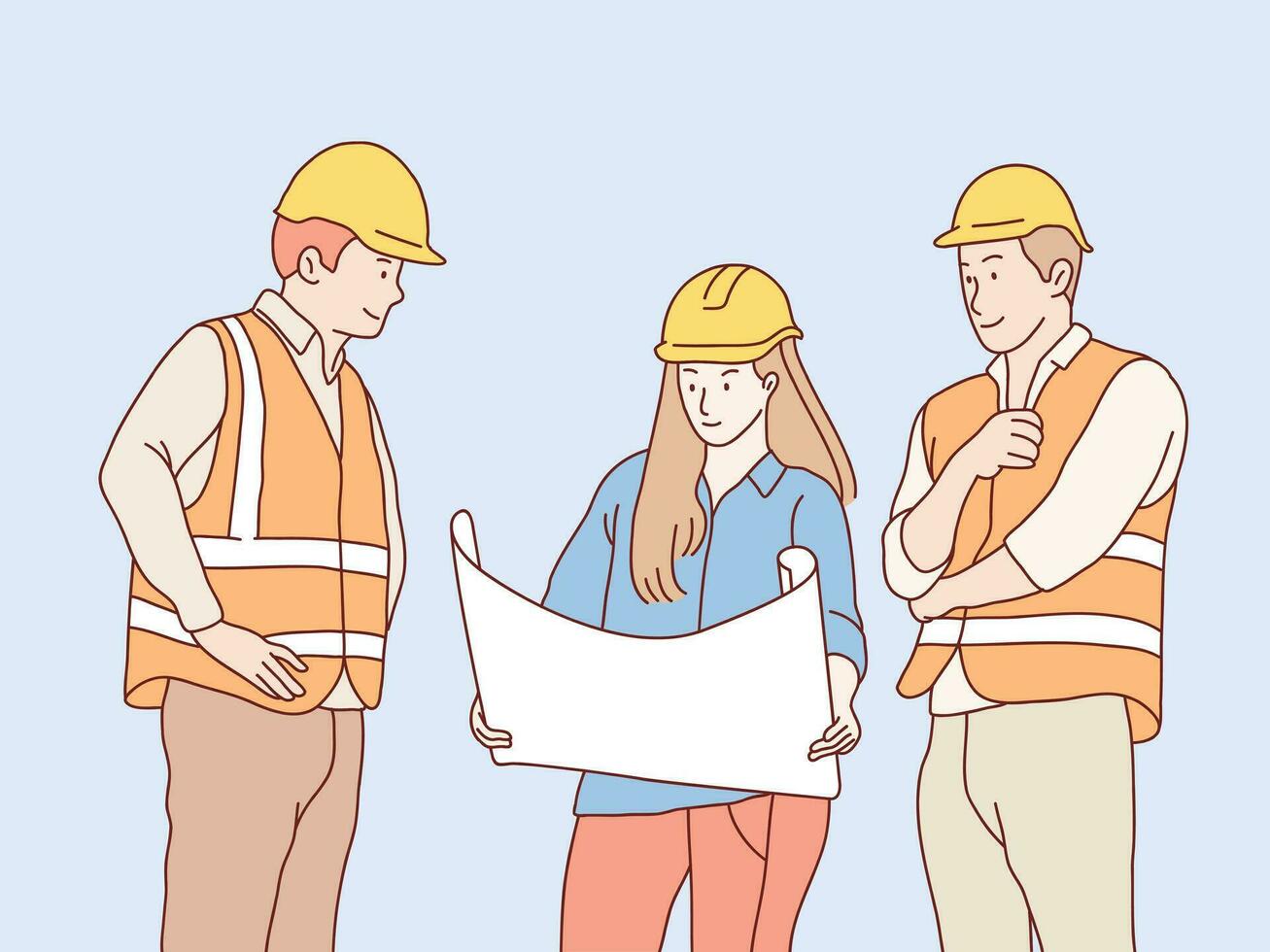 Construction man woman workers teamwork collaboration in blueprint planning simple korean style illustration vector