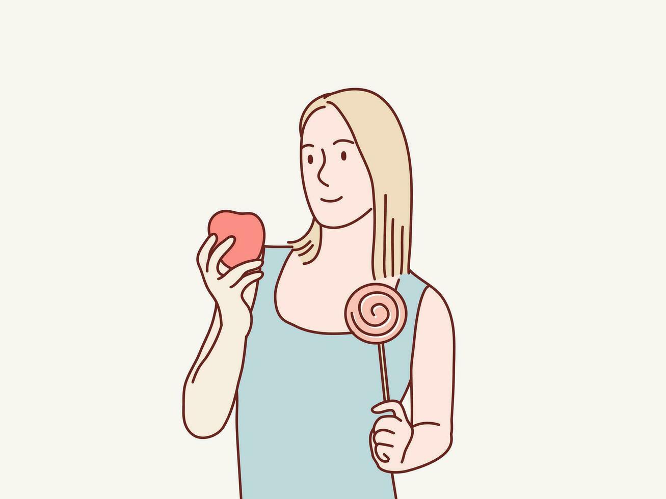 sonriente mujer participación piruleta y manzana en cada mano sencillo coreano estilo ilustración vector