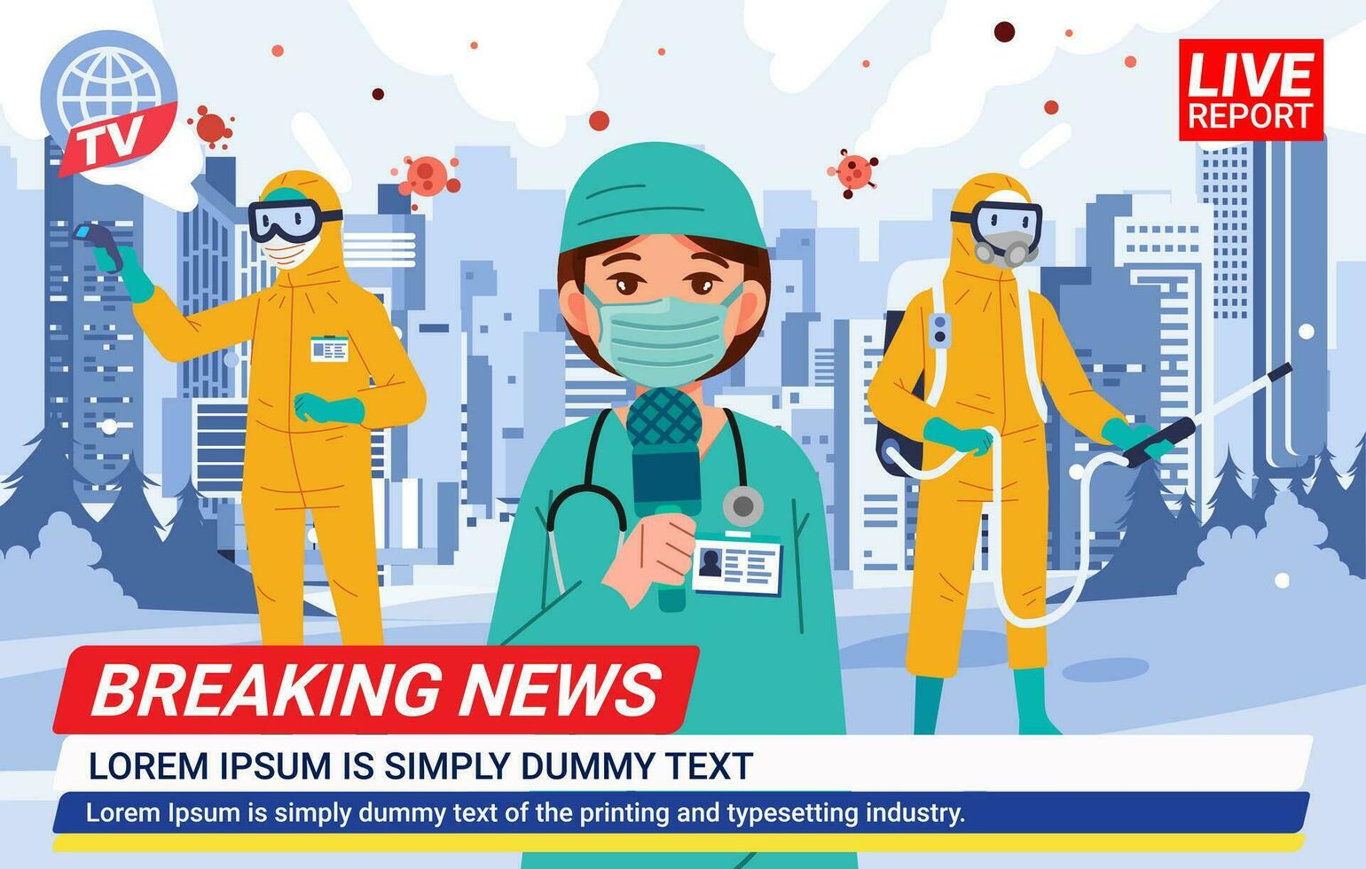 Doctor health workers with medical mask hazmat suit  reporting spread pandemic in city town presenters on breaking news vector