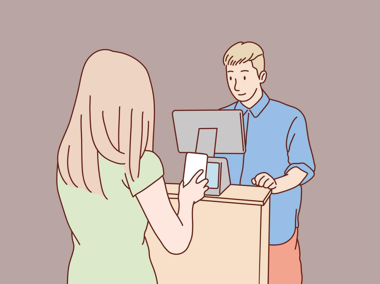 Smiling male waitress cashier taking order from customer simple korean style illustration vector