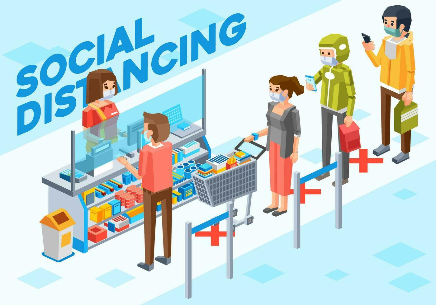 isometric illustration of people doing social distancing when they make payment at the cashier in supermarket vector