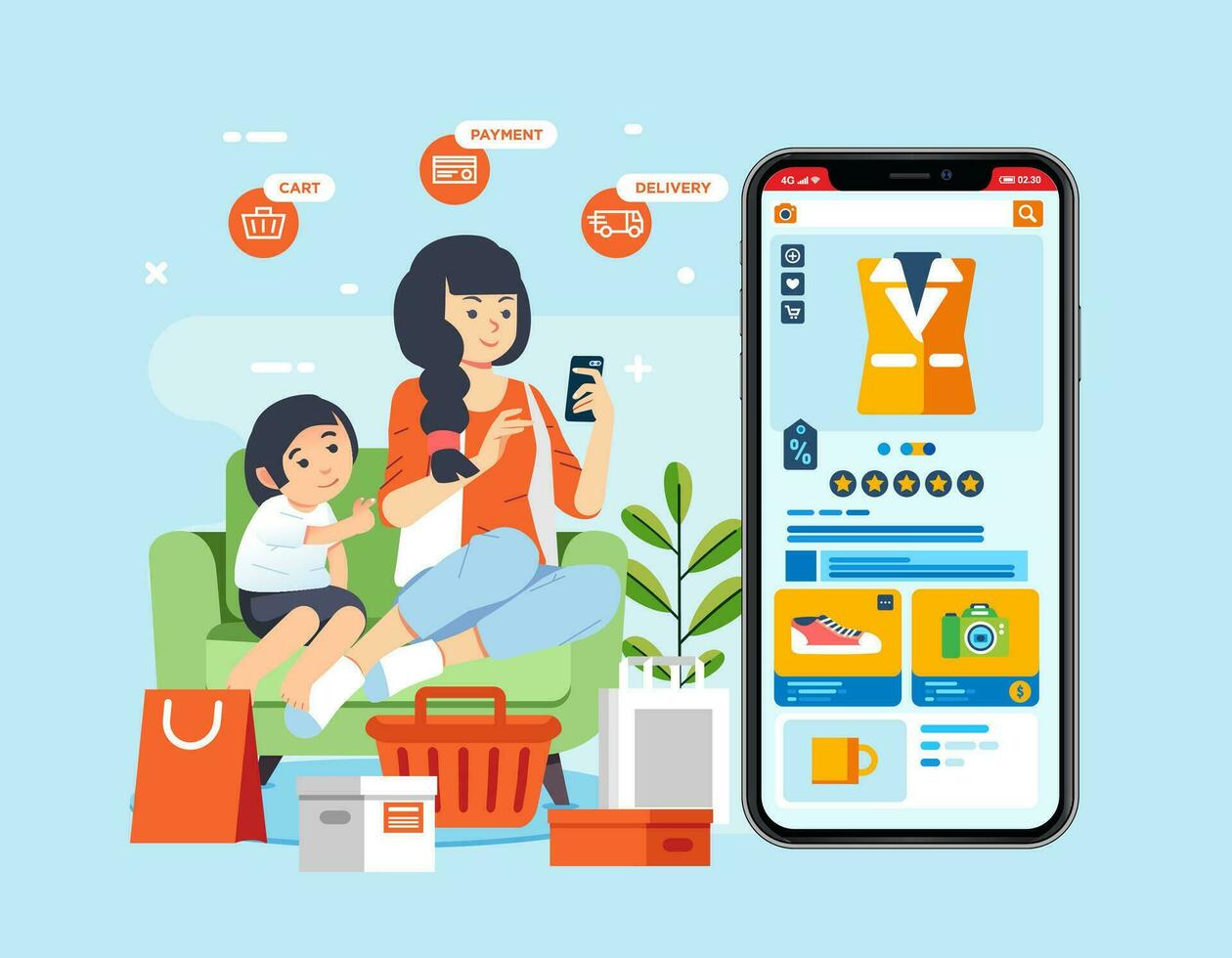 young girl and her little sister sit on the sofa and shopping online from mobile phone app. shopping bag and cart around them vector