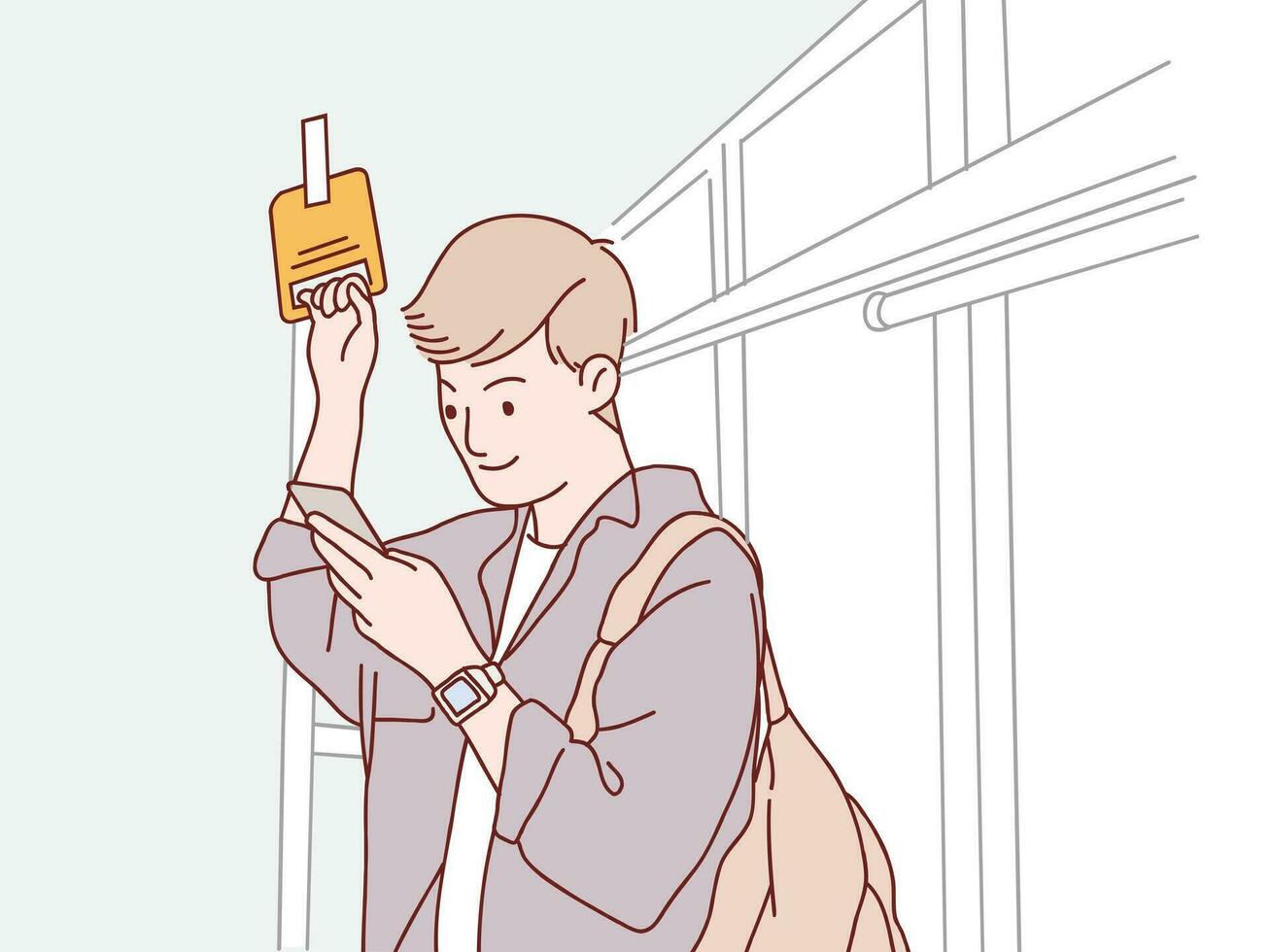 Young man passenger hold smartphone on train trip simple korean style illustration vector
