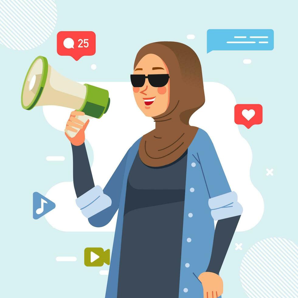 Muslim dark brown hijab young girl holding megaphone shouting loud announcing social media Promotion advertising concept vector